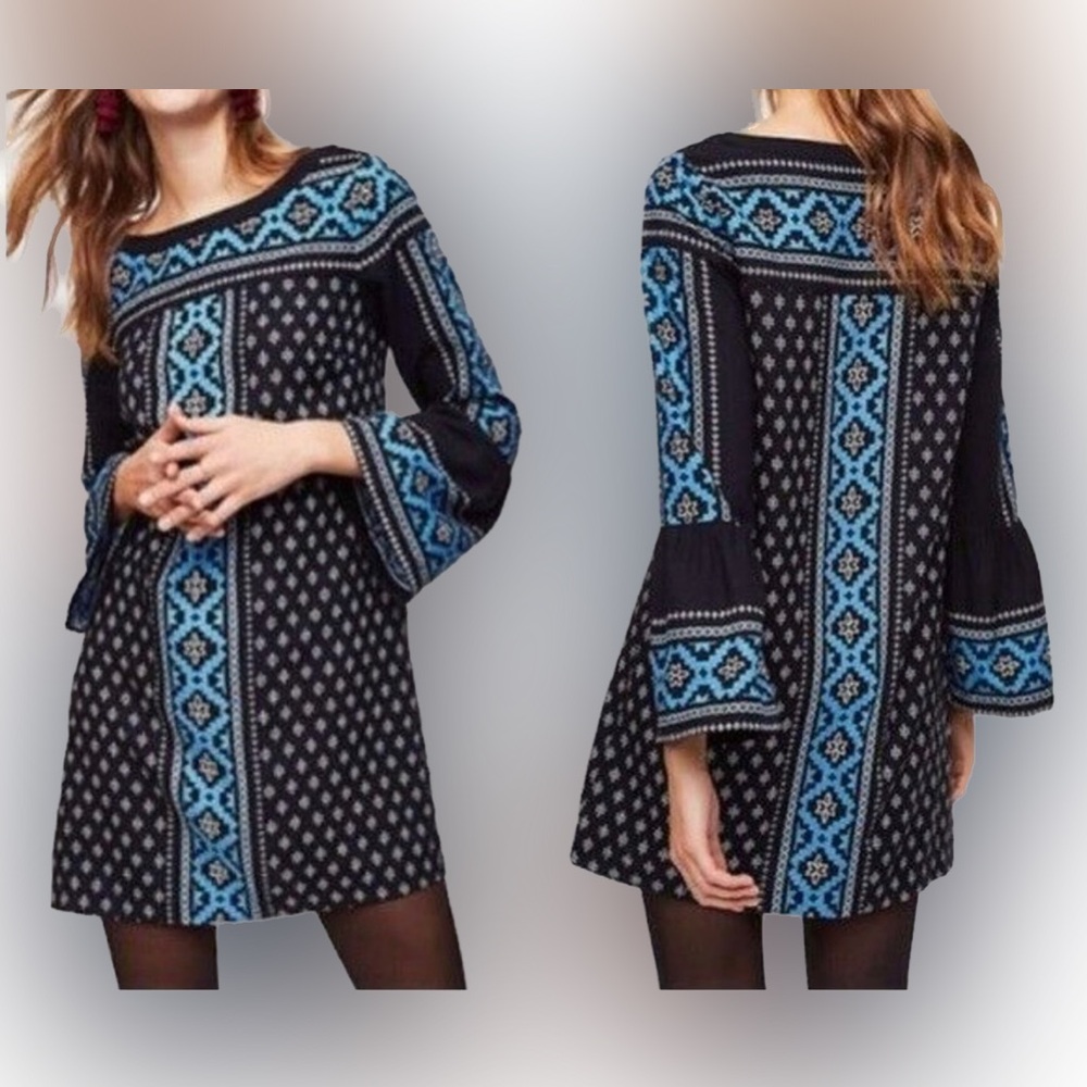 Ann Taylor LOFT Black Blue White Mosaic Boho Shift Dress Bell Sleeve Med/Petite